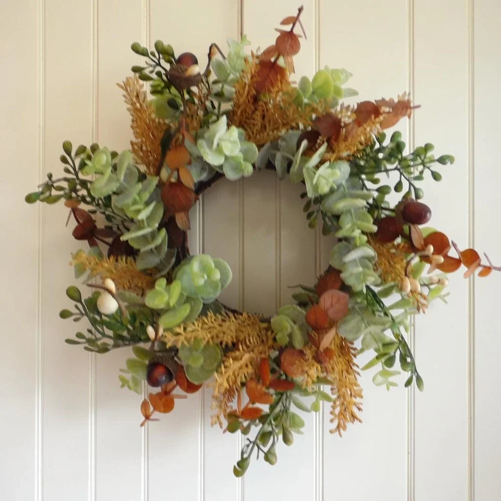 Fall Candle Ring Wreath, Mini Thanksgiving Cabinet Decor, Eucalyptus, acorns